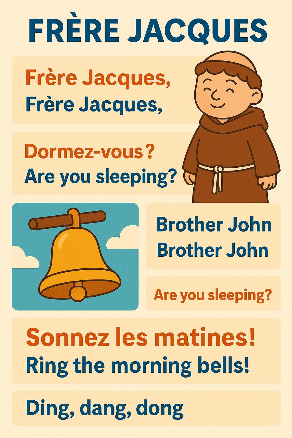 Illustrated Frère Jacques lyrics with a monk and a bell